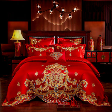 Luxury Red Gold Oriental Wedding Royal Embroidered Duvet Cover Set, Cotton Fabric Bedding Set